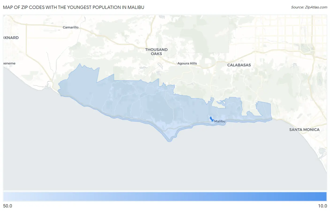 Zip Codes with the Youngest Population in Malibu Map
