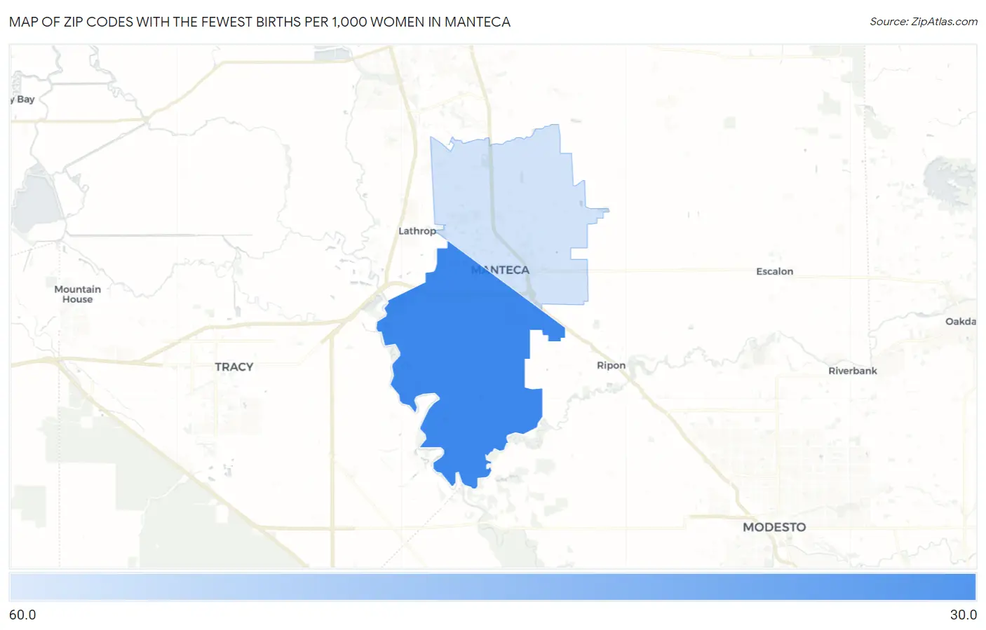 Zip Codes with the Fewest Births per 1,000 Women in Manteca Map