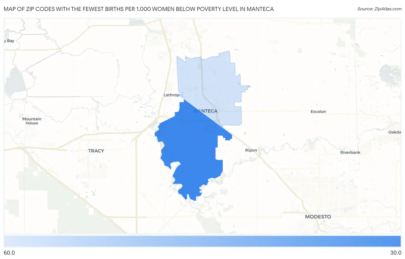 Zip Codes with the Fewest Births per 1,000 Women Below Poverty Level in Manteca Map
