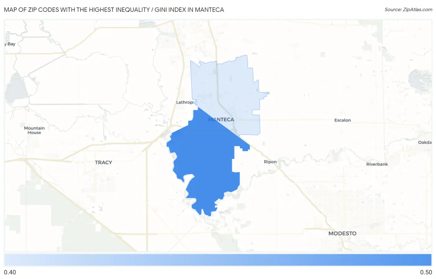 Zip Codes with the Highest Inequality / Gini Index in Manteca Map
