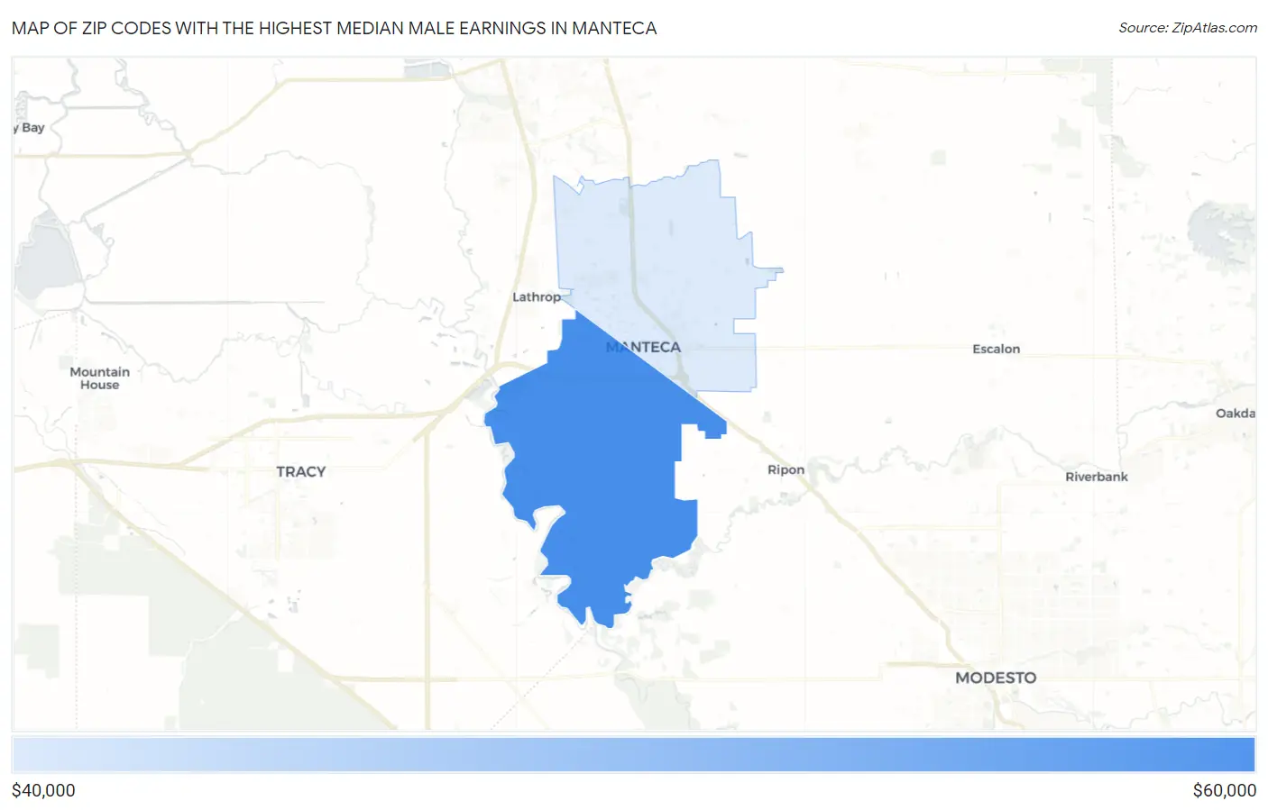 Zip Codes with the Highest Median Male Earnings in Manteca Map