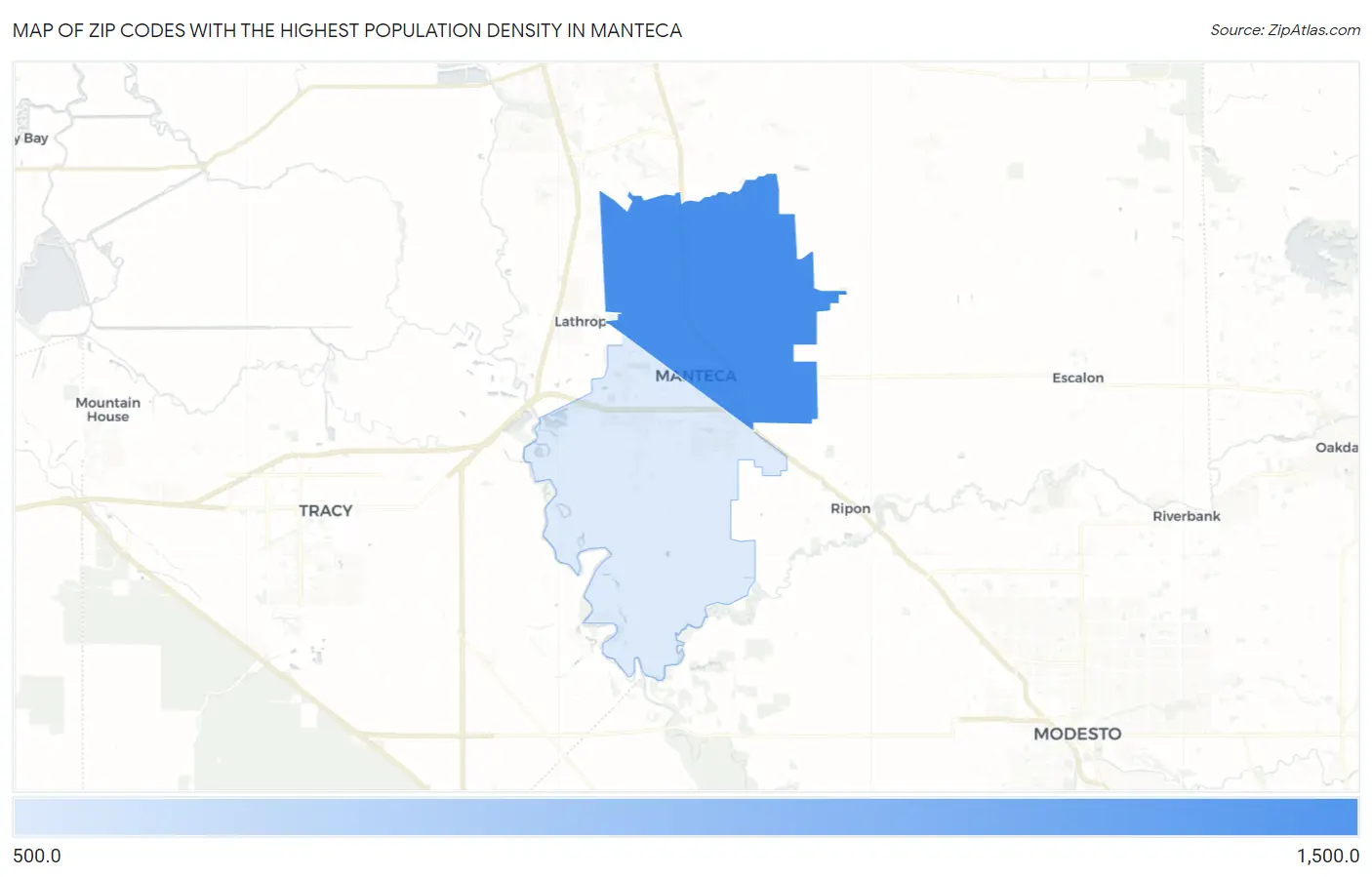 Zip Codes with the Highest Population Density in Manteca Map