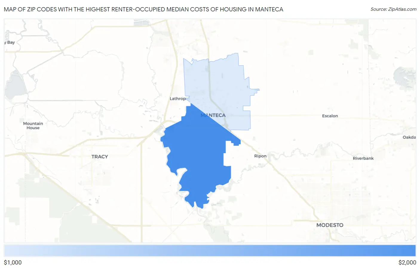 Zip Codes with the Highest Renter-Occupied Median Costs of Housing in Manteca Map