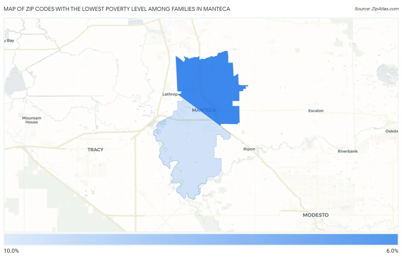 Zip Codes with the Lowest Poverty Level Among Families in Manteca Map