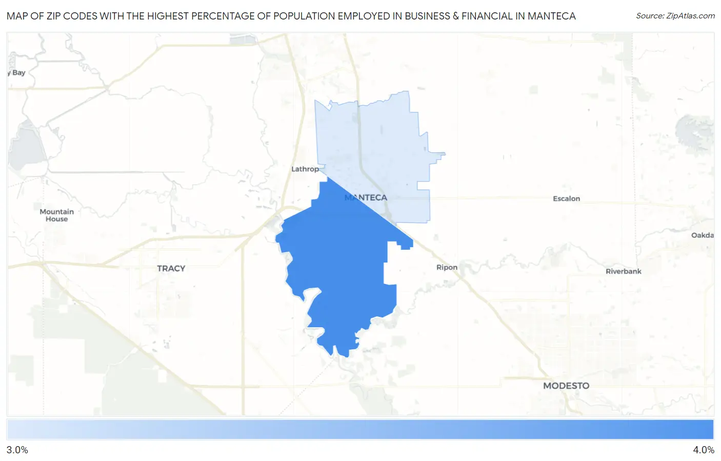 Zip Codes with the Highest Percentage of Population Employed in Business & Financial in Manteca Map