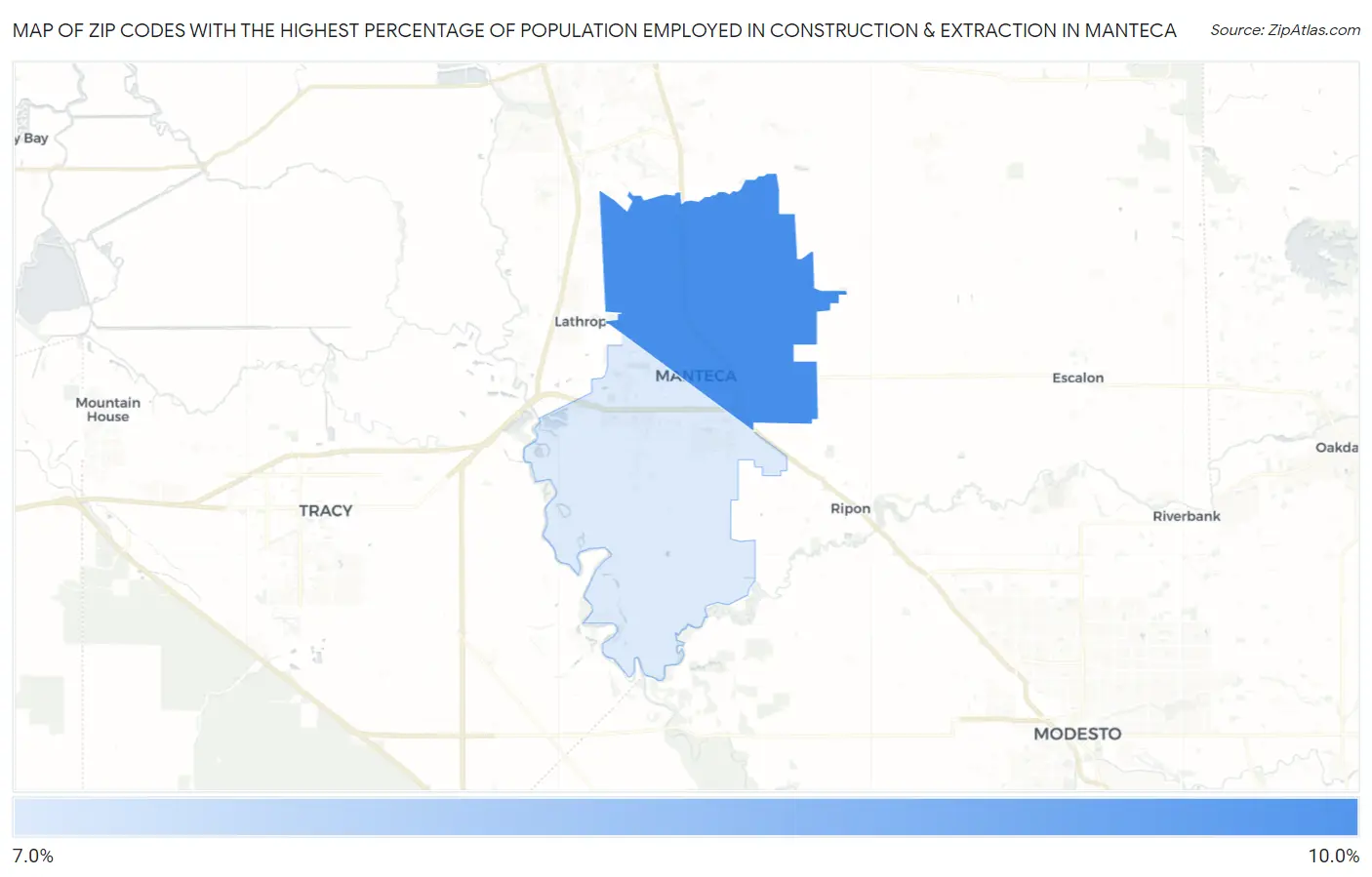 Zip Codes with the Highest Percentage of Population Employed in Construction & Extraction in Manteca Map