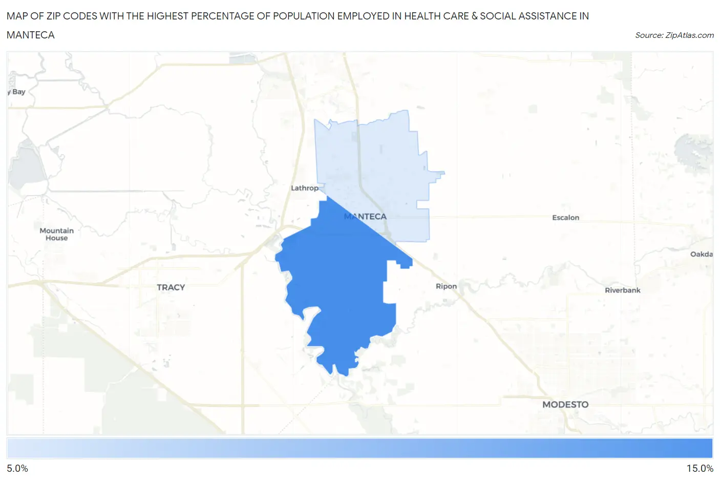 Zip Codes with the Highest Percentage of Population Employed in Health Care & Social Assistance in Manteca Map