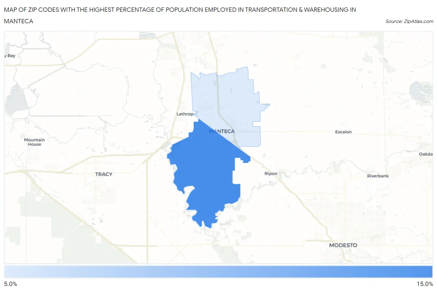 Zip Codes with the Highest Percentage of Population Employed in Transportation & Warehousing in Manteca Map