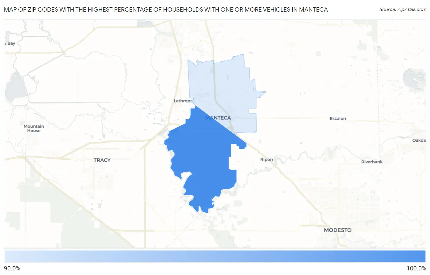 Zip Codes with the Highest Percentage of Households With One or more Vehicles in Manteca Map