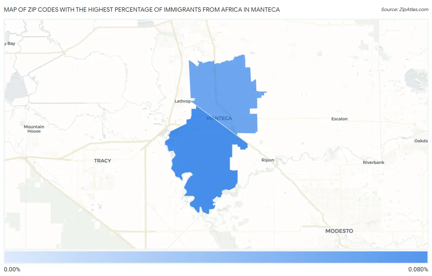 Zip Codes with the Highest Percentage of Immigrants from Africa in Manteca Map