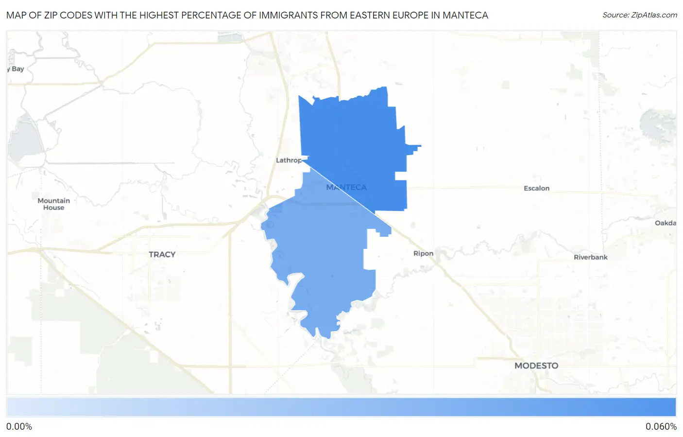 Zip Codes with the Highest Percentage of Immigrants from Eastern Europe in Manteca Map