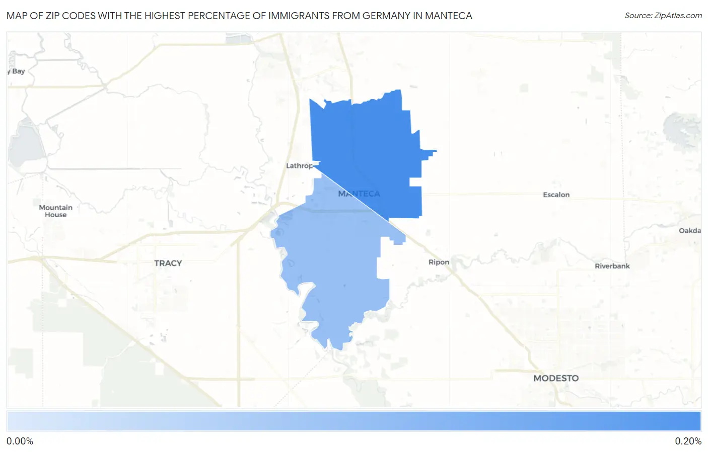 Zip Codes with the Highest Percentage of Immigrants from Germany in Manteca Map