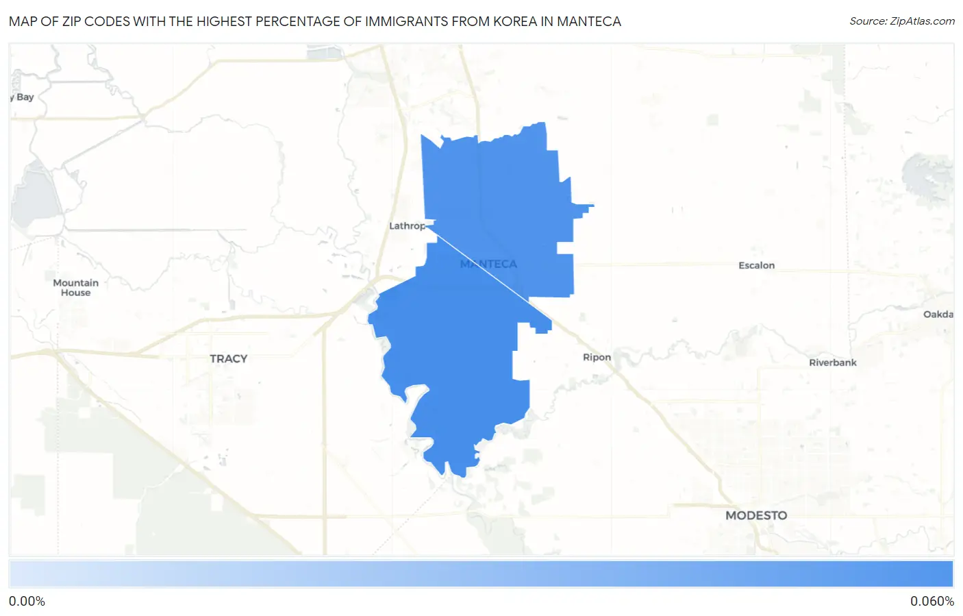 Zip Codes with the Highest Percentage of Immigrants from Korea in Manteca Map