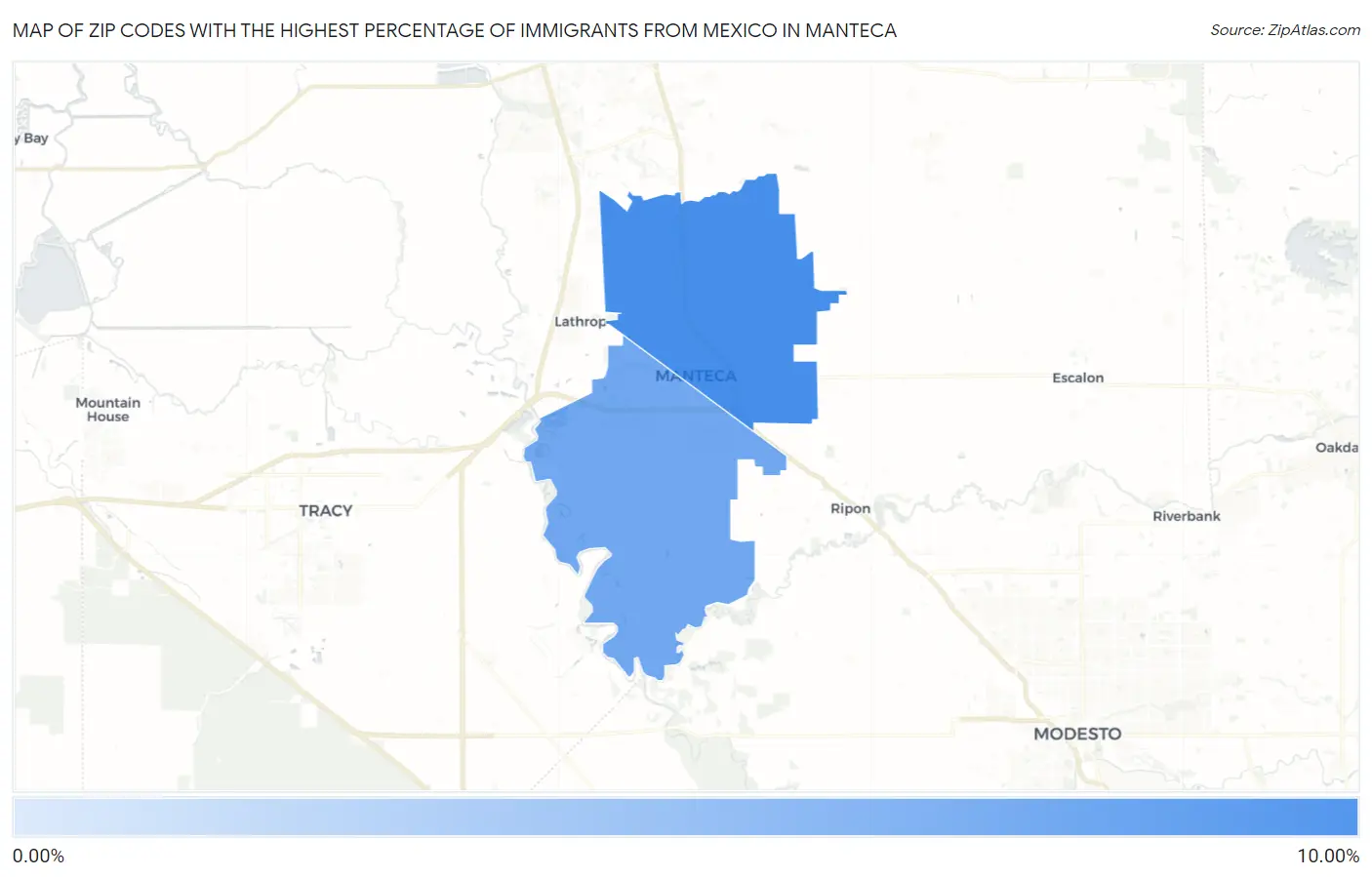 Zip Codes with the Highest Percentage of Immigrants from Mexico in Manteca Map