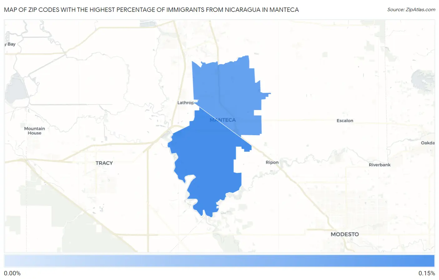 Zip Codes with the Highest Percentage of Immigrants from Nicaragua in Manteca Map