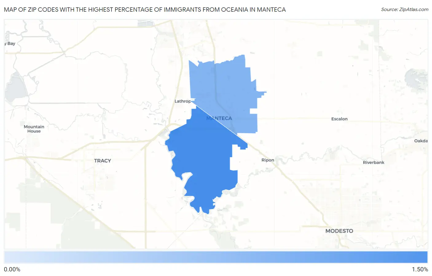 Zip Codes with the Highest Percentage of Immigrants from Oceania in Manteca Map