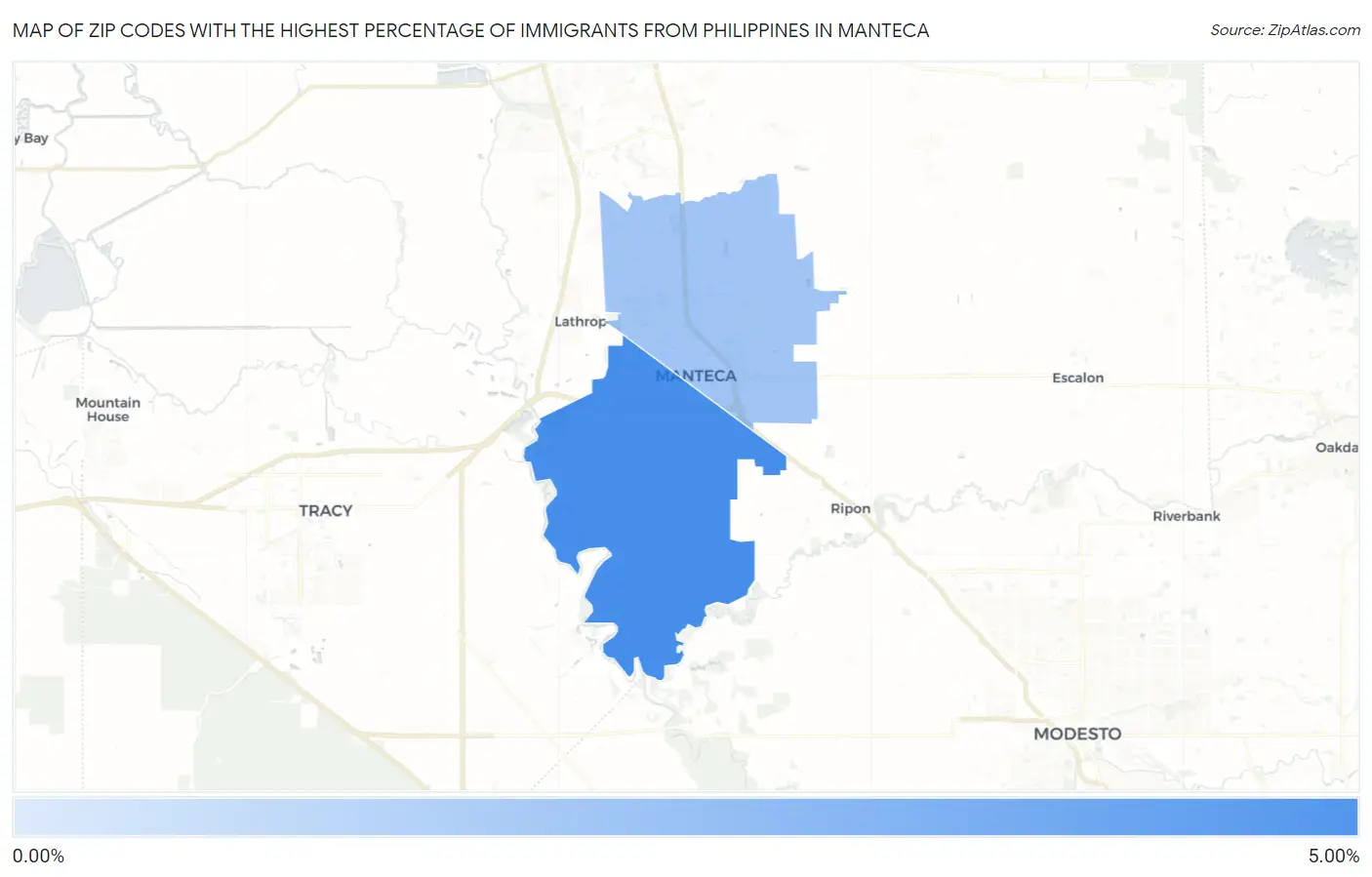 Zip Codes with the Highest Percentage of Immigrants from Philippines in Manteca Map