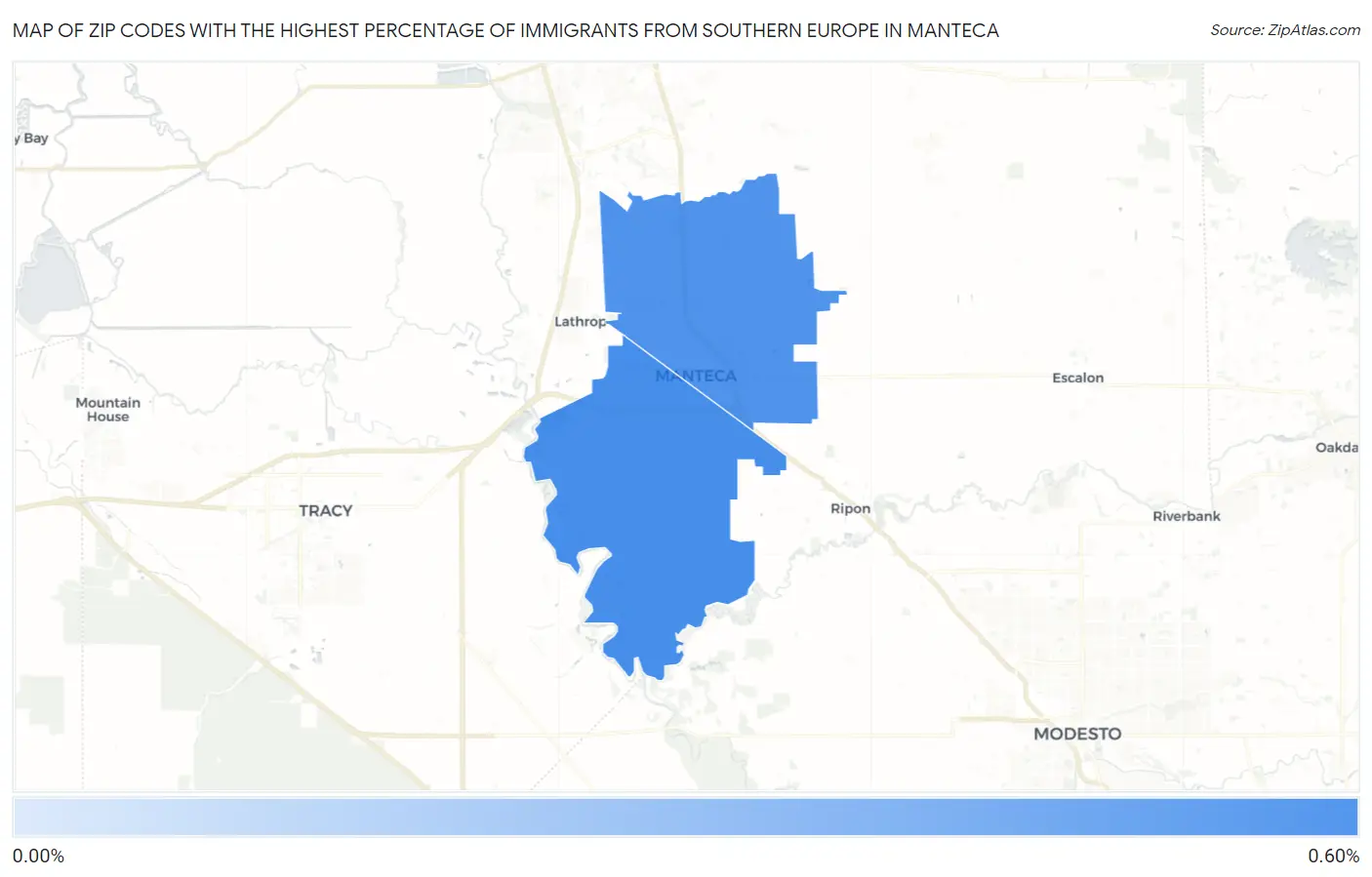 Zip Codes with the Highest Percentage of Immigrants from Southern Europe in Manteca Map