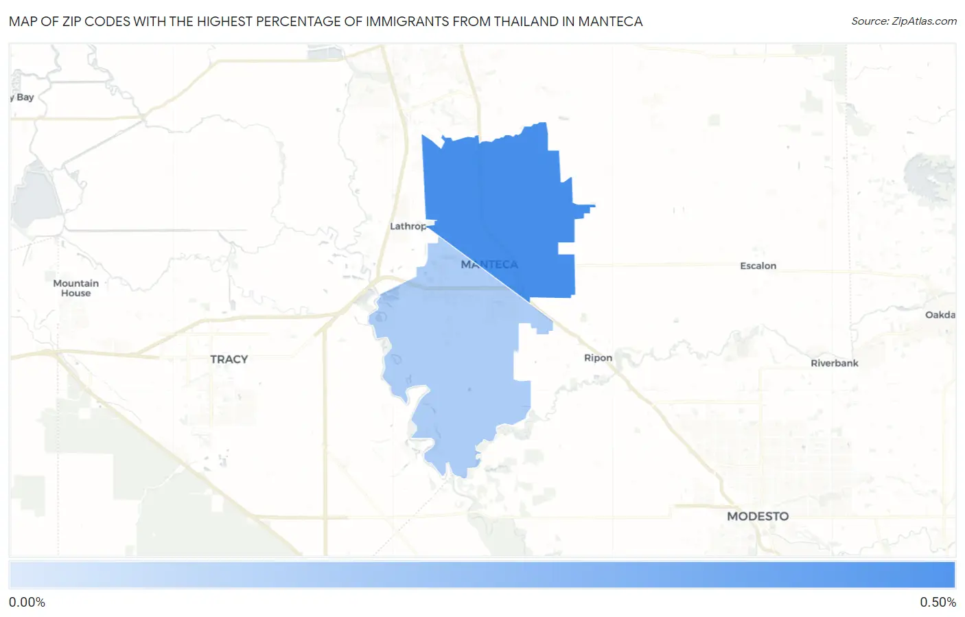 Zip Codes with the Highest Percentage of Immigrants from Thailand in Manteca Map