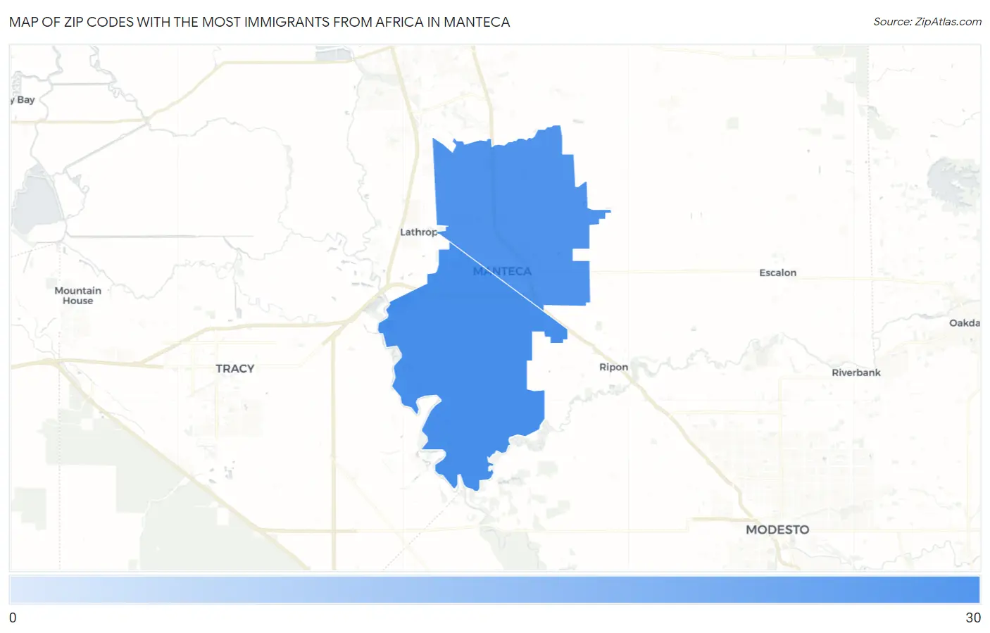 Zip Codes with the Most Immigrants from Africa in Manteca Map