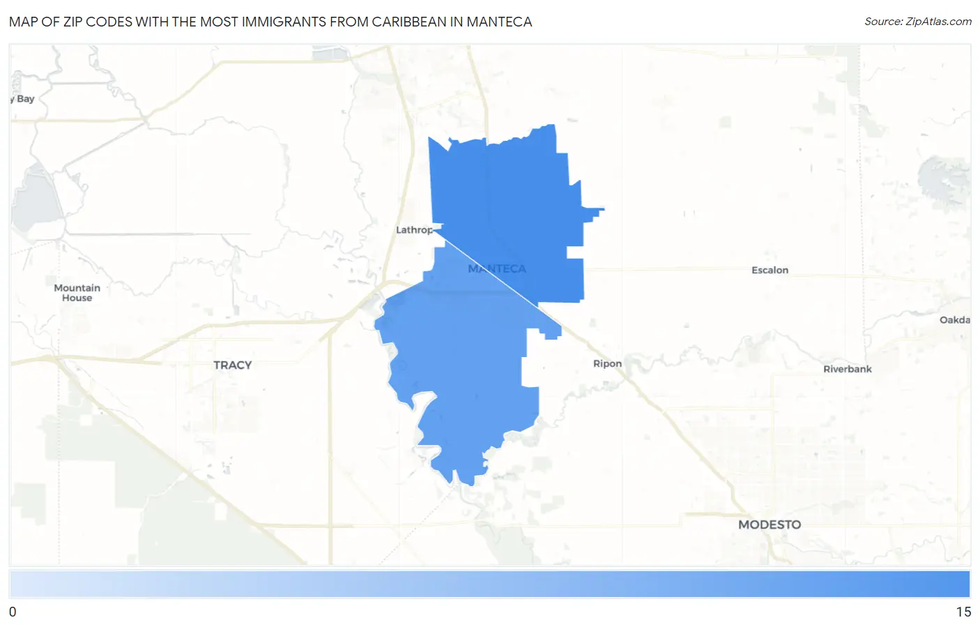 Zip Codes with the Most Immigrants from Caribbean in Manteca Map
