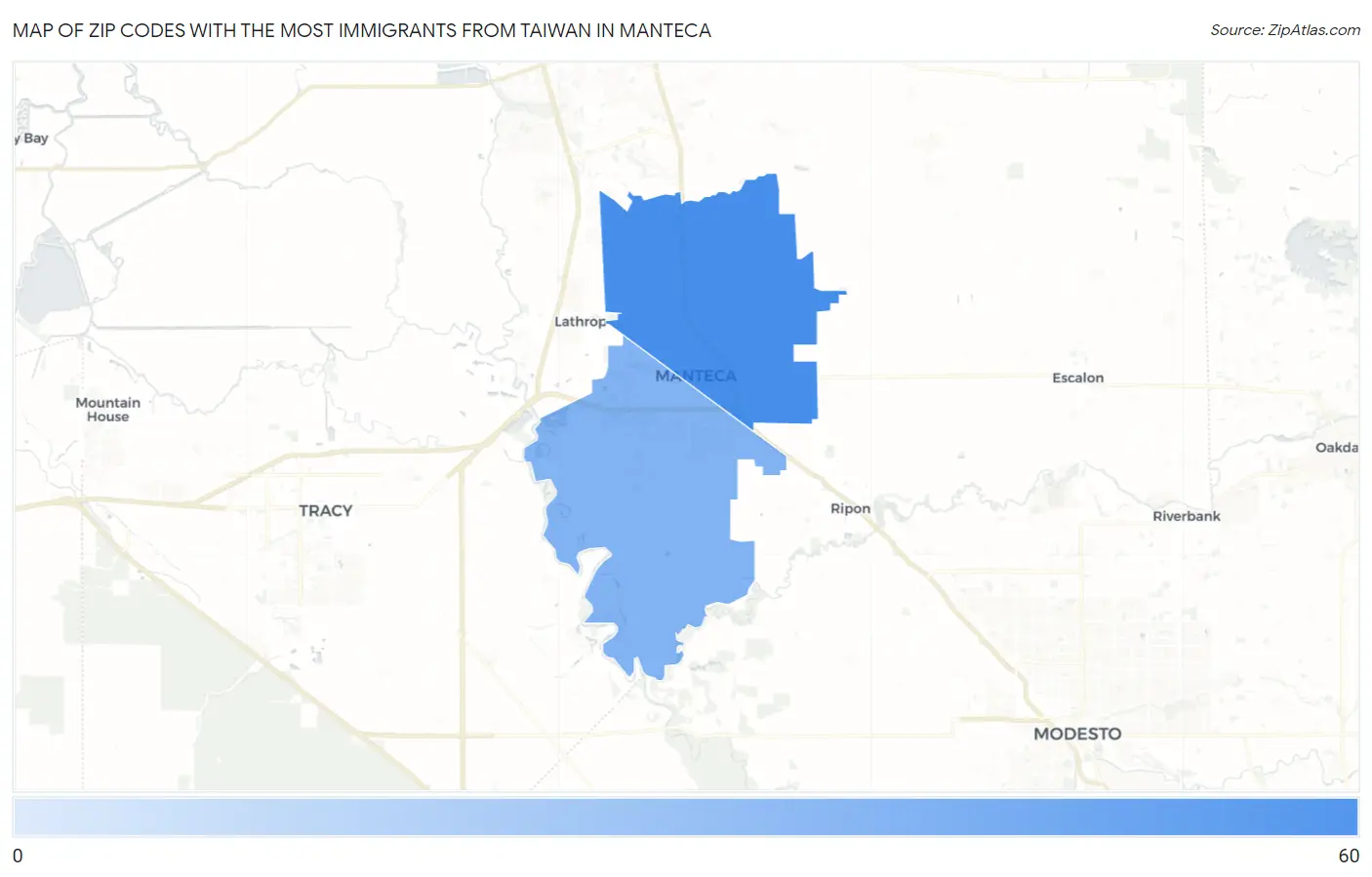 Zip Codes with the Most Immigrants from Taiwan in Manteca Map