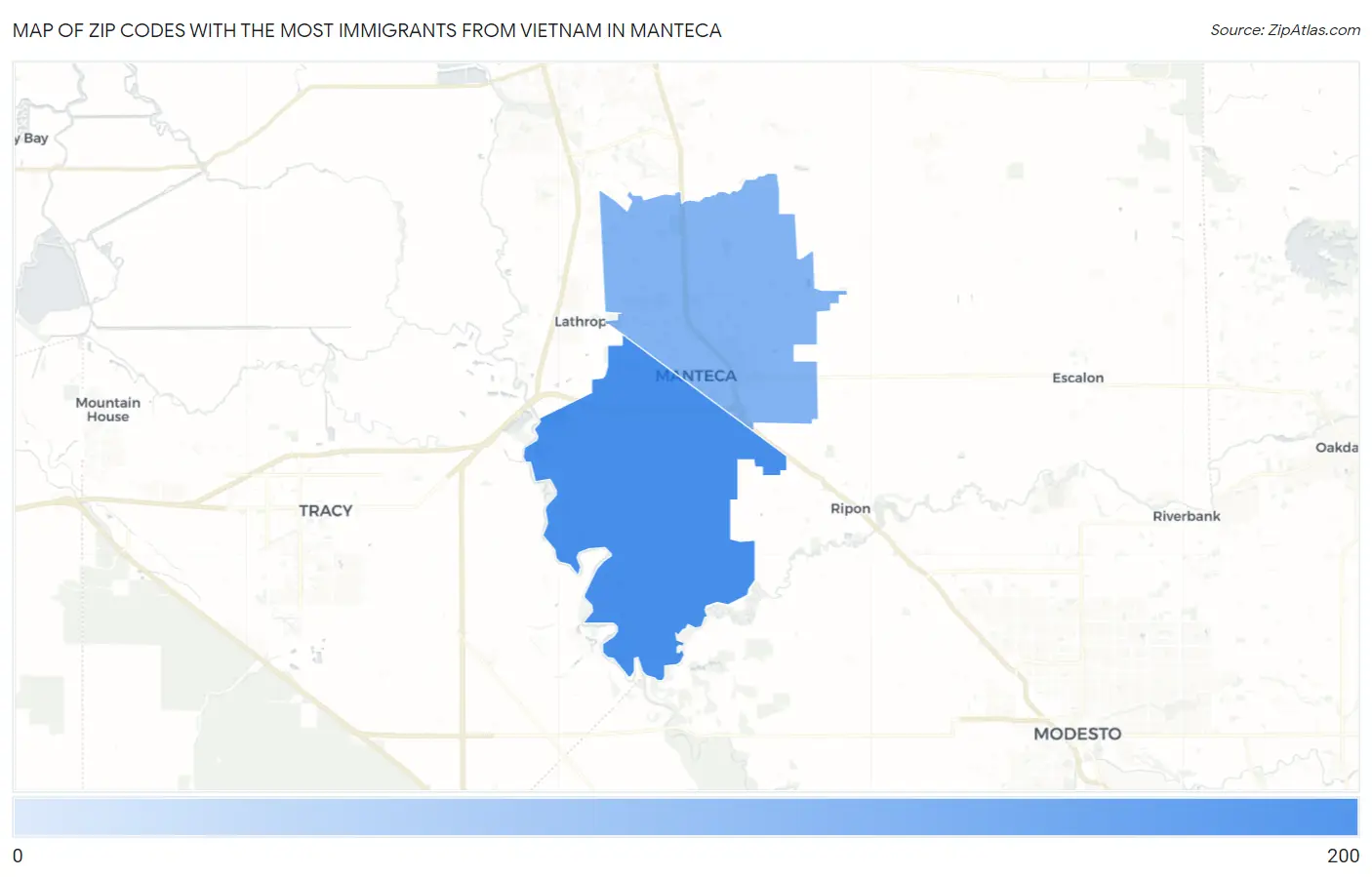 Zip Codes with the Most Immigrants from Vietnam in Manteca Map