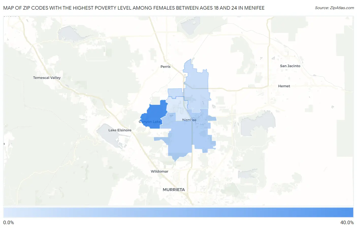 Zip Codes with the Highest Poverty Level Among Females Between Ages 18 and 24 in Menifee Map