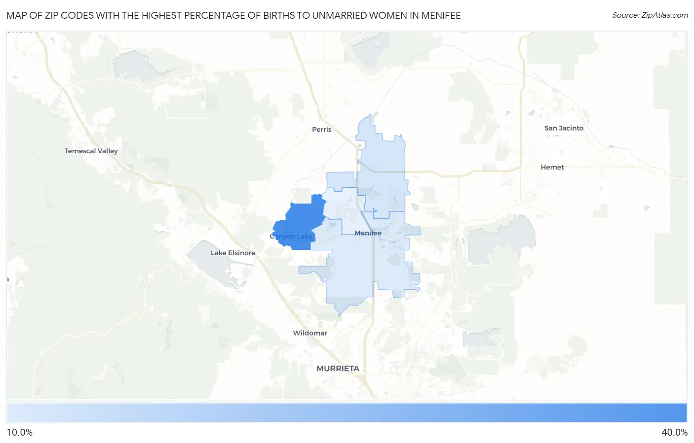 Zip Codes with the Highest Percentage of Births to Unmarried Women in Menifee Map
