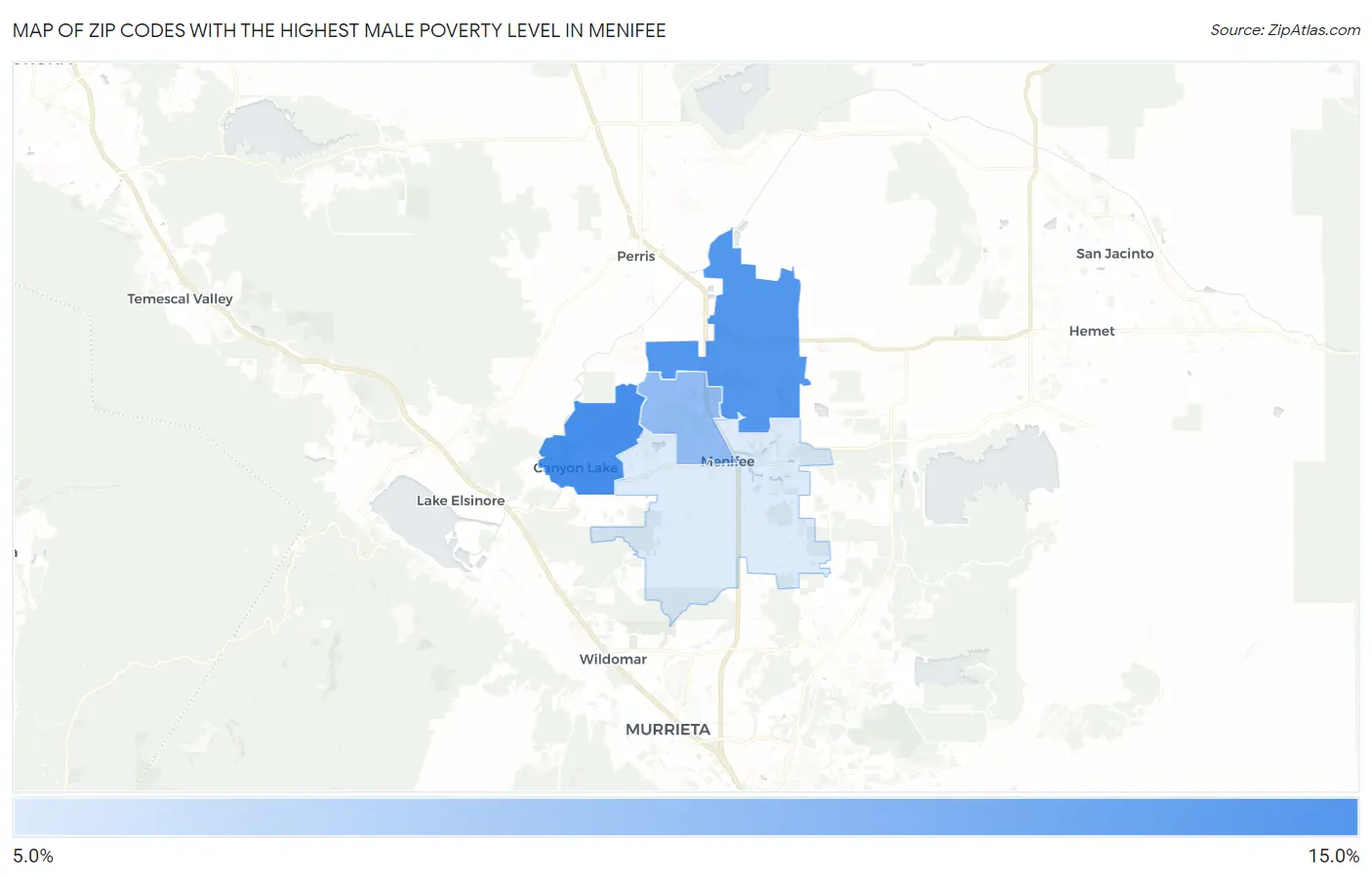Zip Codes with the Highest Male Poverty Level in Menifee Map