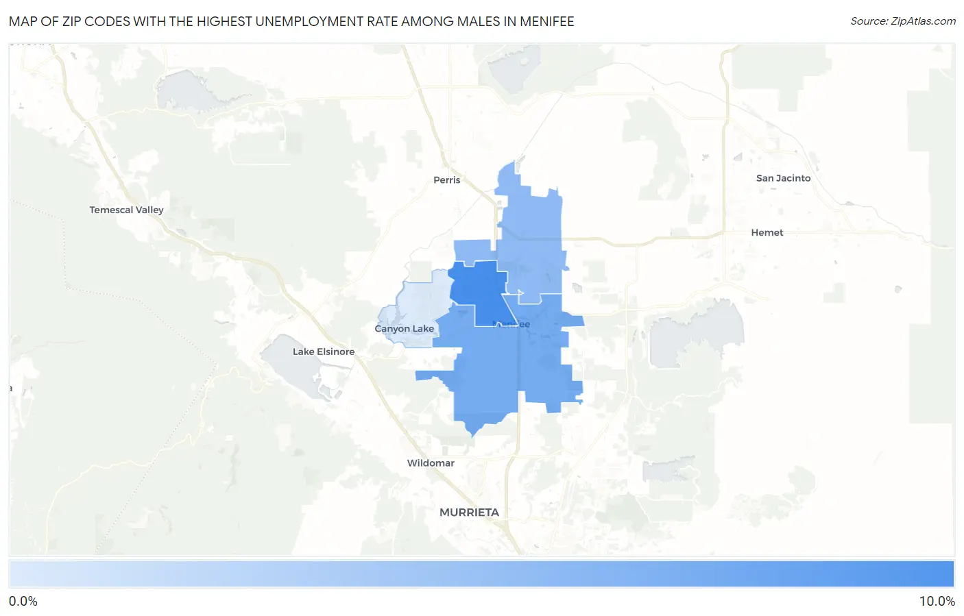 Zip Codes with the Highest Unemployment Rate Among Males in Menifee Map