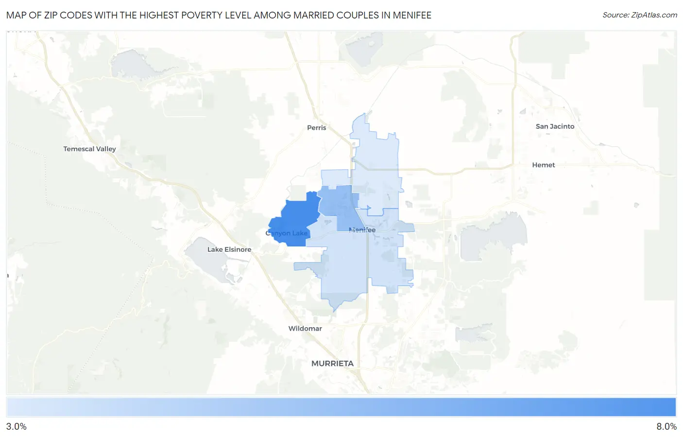 Zip Codes with the Highest Poverty Level Among Married Couples in Menifee Map