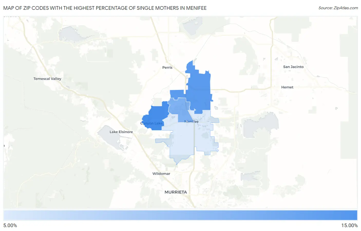Zip Codes with the Highest Percentage of Single Mothers in Menifee Map