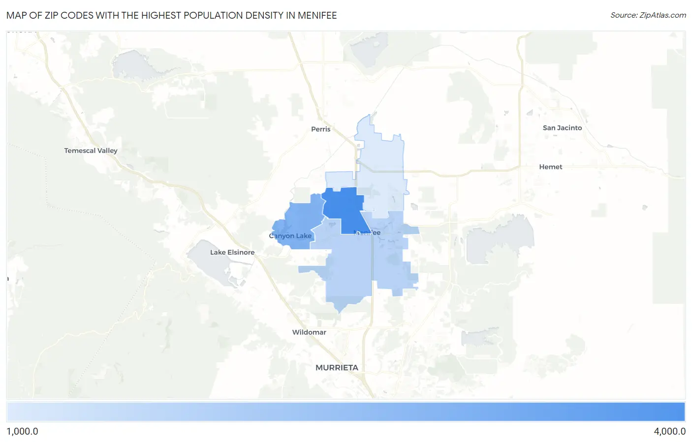 Zip Codes with the Highest Population Density in Menifee Map