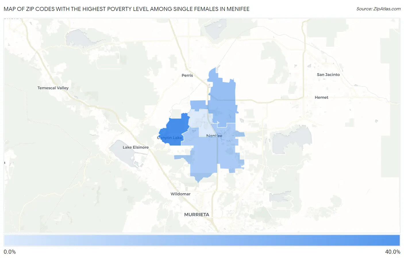 Zip Codes with the Highest Poverty Level Among Single Females in Menifee Map