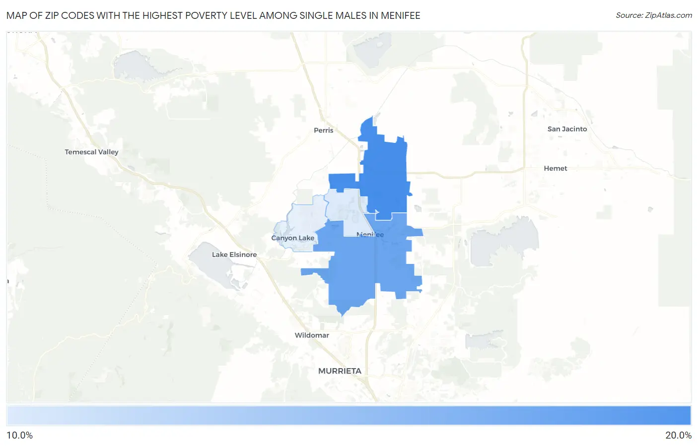Zip Codes with the Highest Poverty Level Among Single Males in Menifee Map