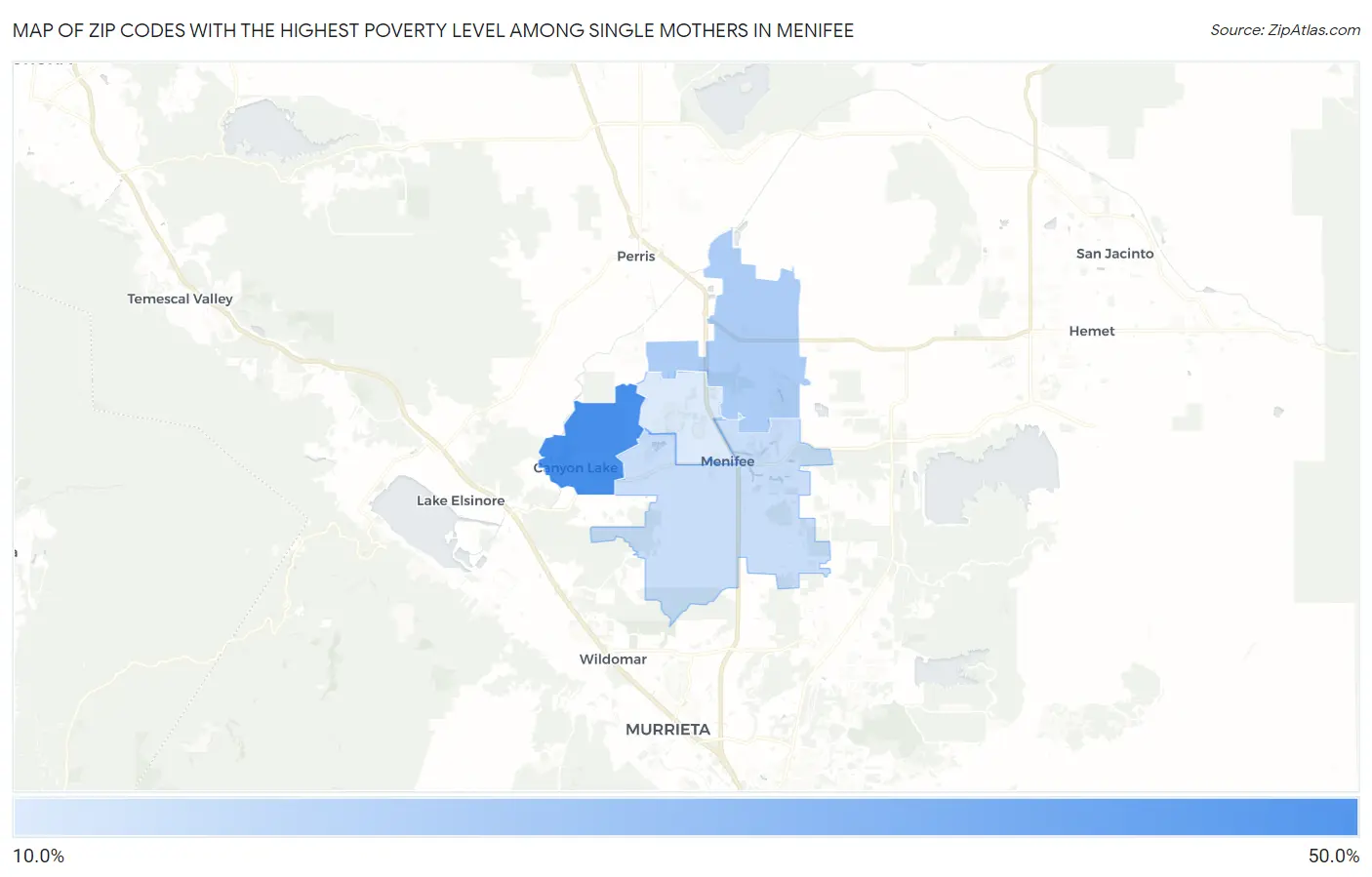 Zip Codes with the Highest Poverty Level Among Single Mothers in Menifee Map