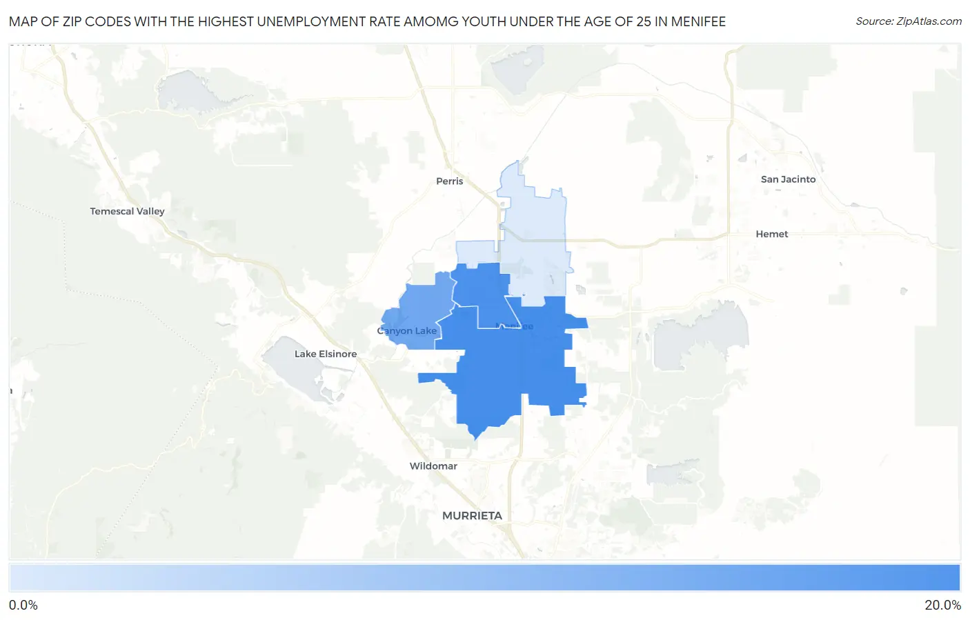 Zip Codes with the Highest Unemployment Rate Amomg Youth Under the Age of 25 in Menifee Map