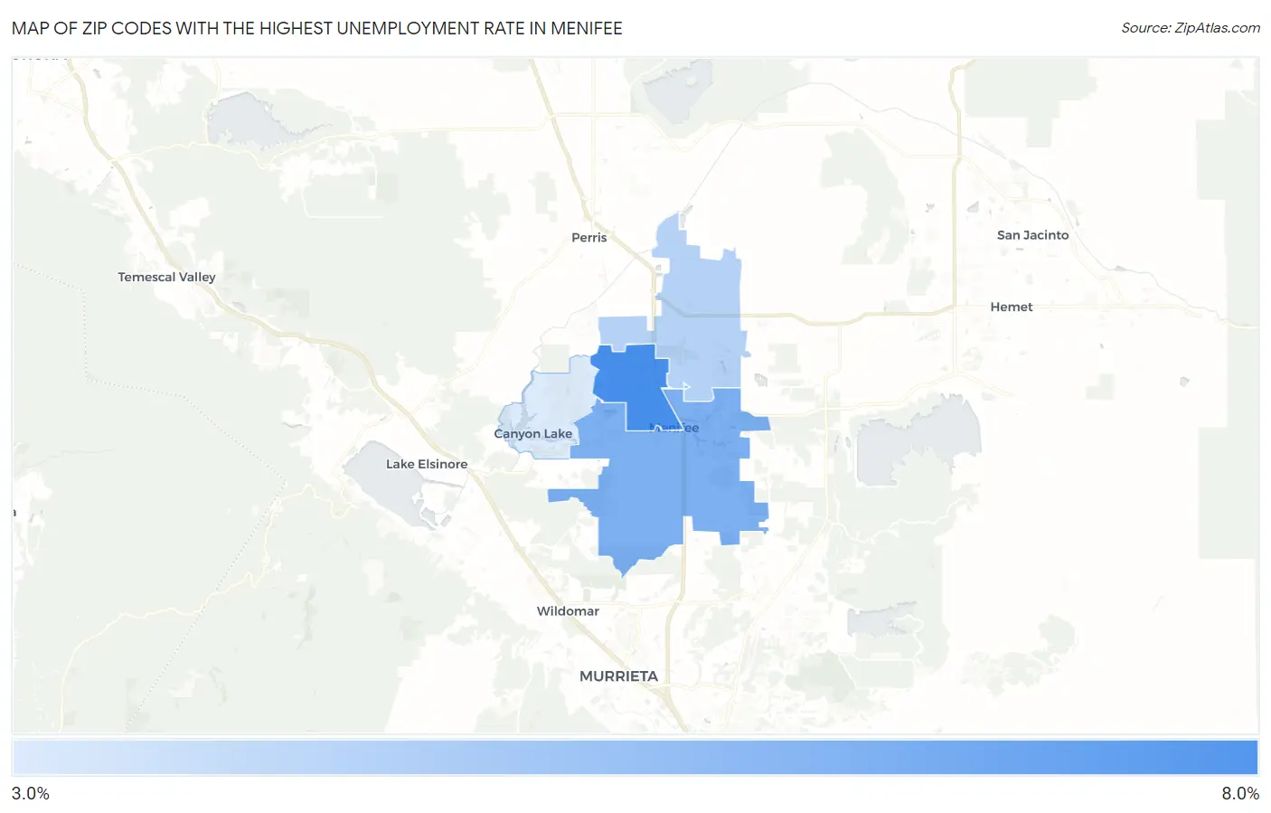 Zip Codes with the Highest Unemployment Rate in Menifee Map