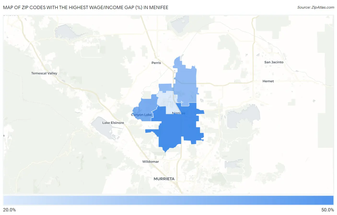 Zip Codes with the Highest Wage/Income Gap (%) in Menifee Map