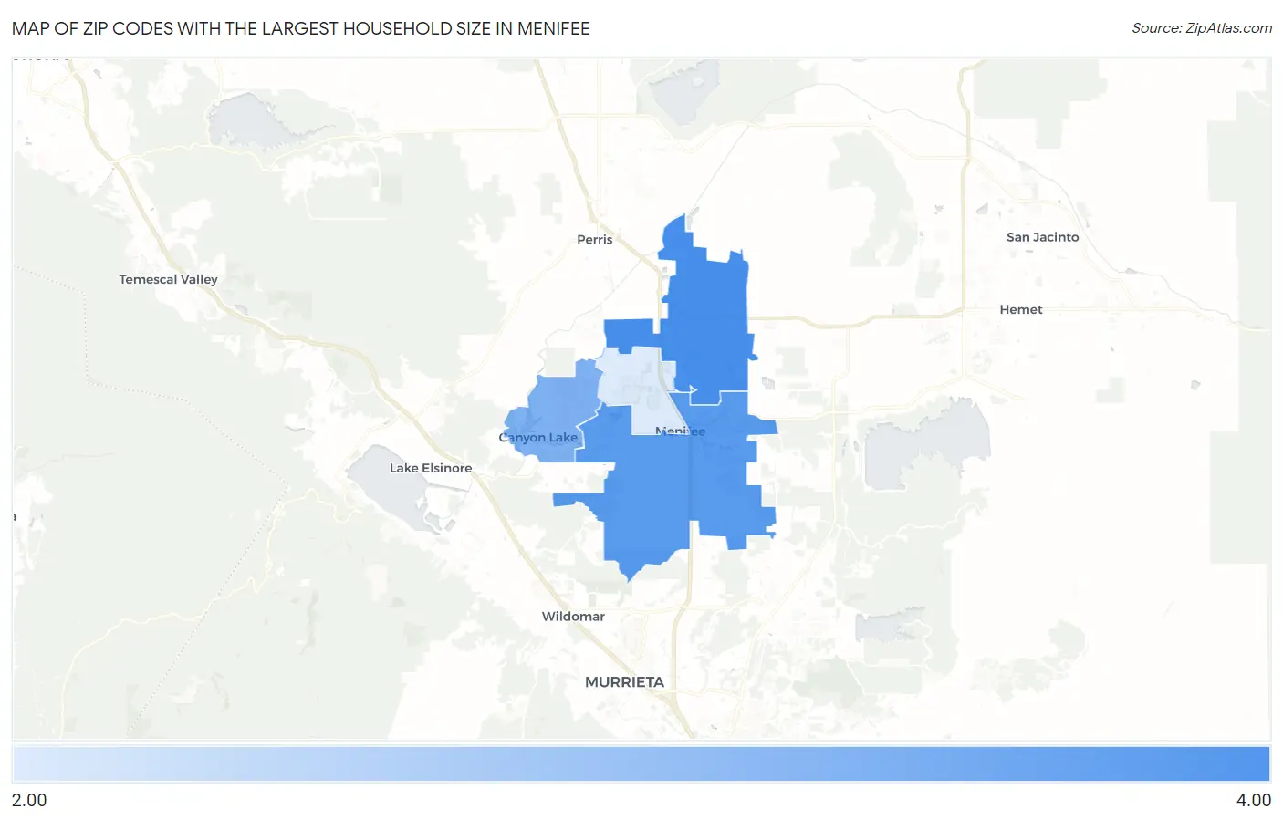 Zip Codes with the Largest Household Size in Menifee Map