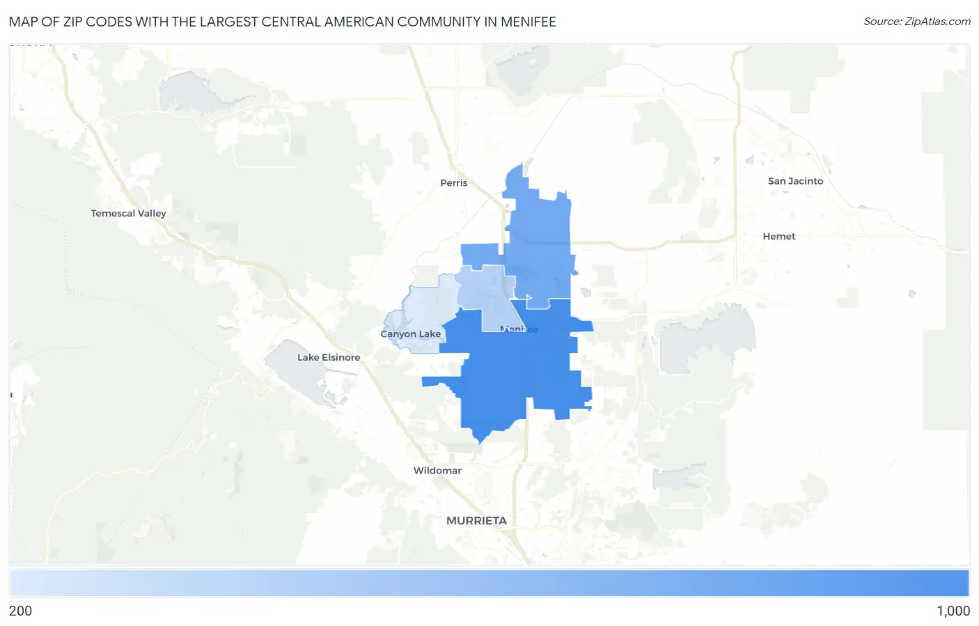 Zip Codes with the Largest Central American Community in Menifee Map