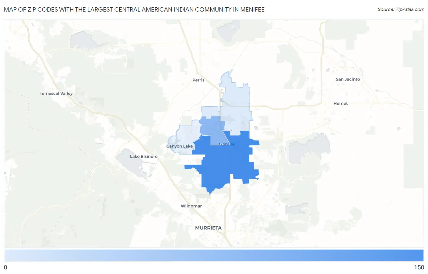 Zip Codes with the Largest Central American Indian Community in Menifee Map