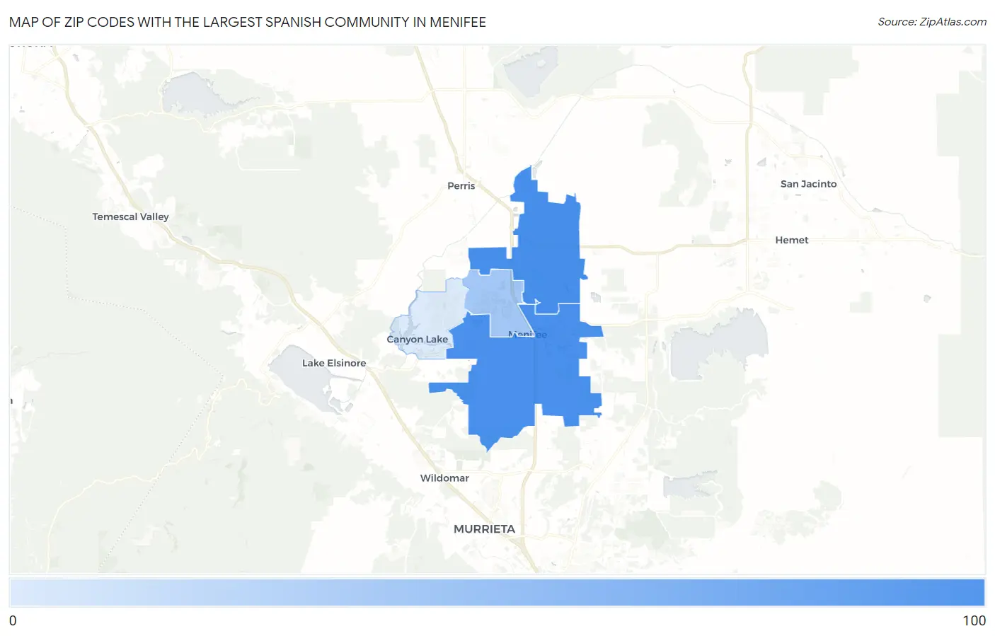 Zip Codes with the Largest Spanish Community in Menifee Map