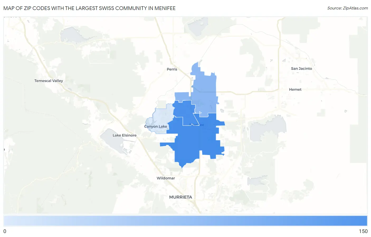 Zip Codes with the Largest Swiss Community in Menifee Map