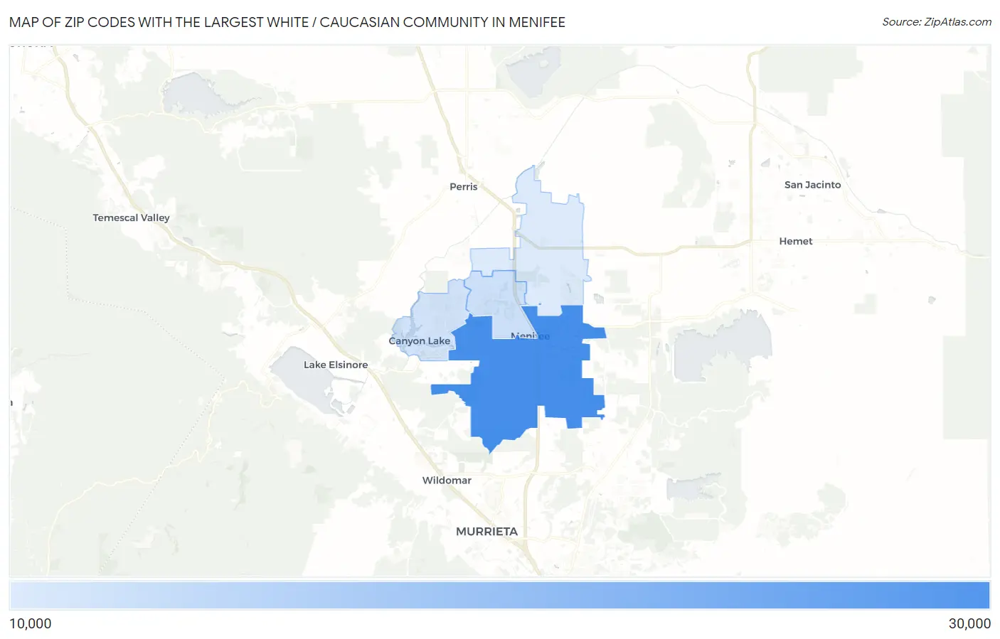 Zip Codes with the Largest White / Caucasian Community in Menifee Map