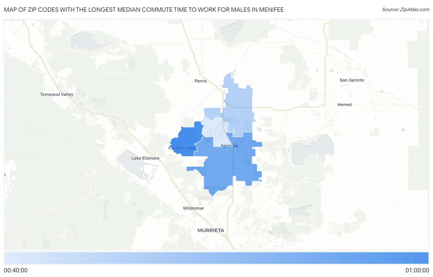 Zip Codes with the Longest Median Commute Time to Work for Males in Menifee Map