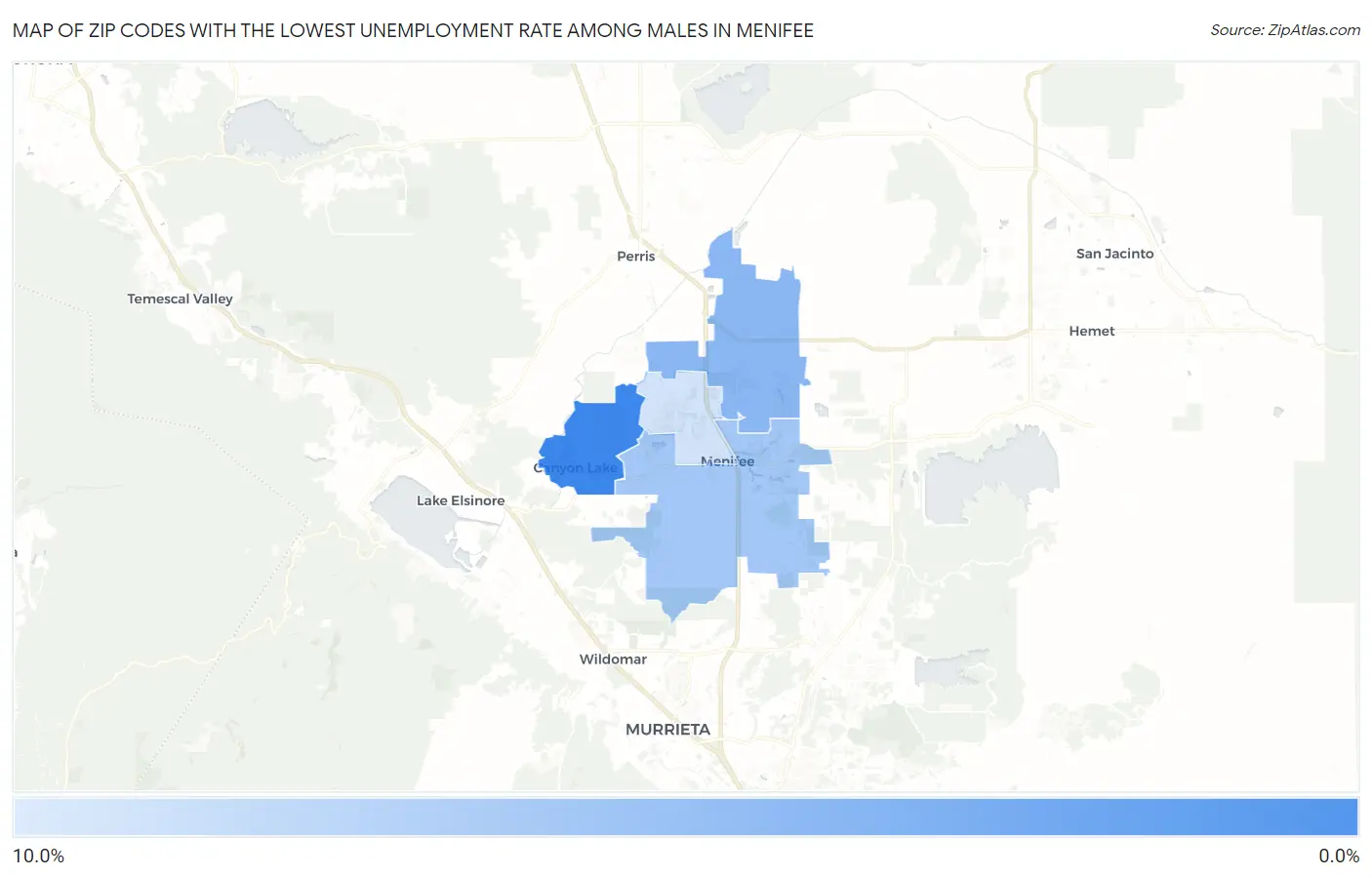 Zip Codes with the Lowest Unemployment Rate Among Males in Menifee Map