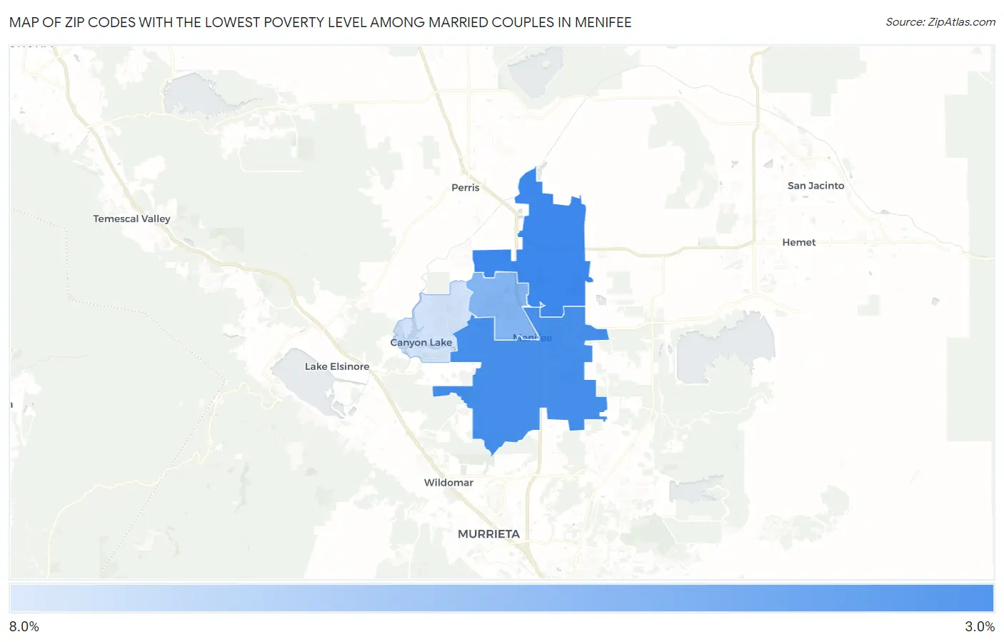 Zip Codes with the Lowest Poverty Level Among Married Couples in Menifee Map