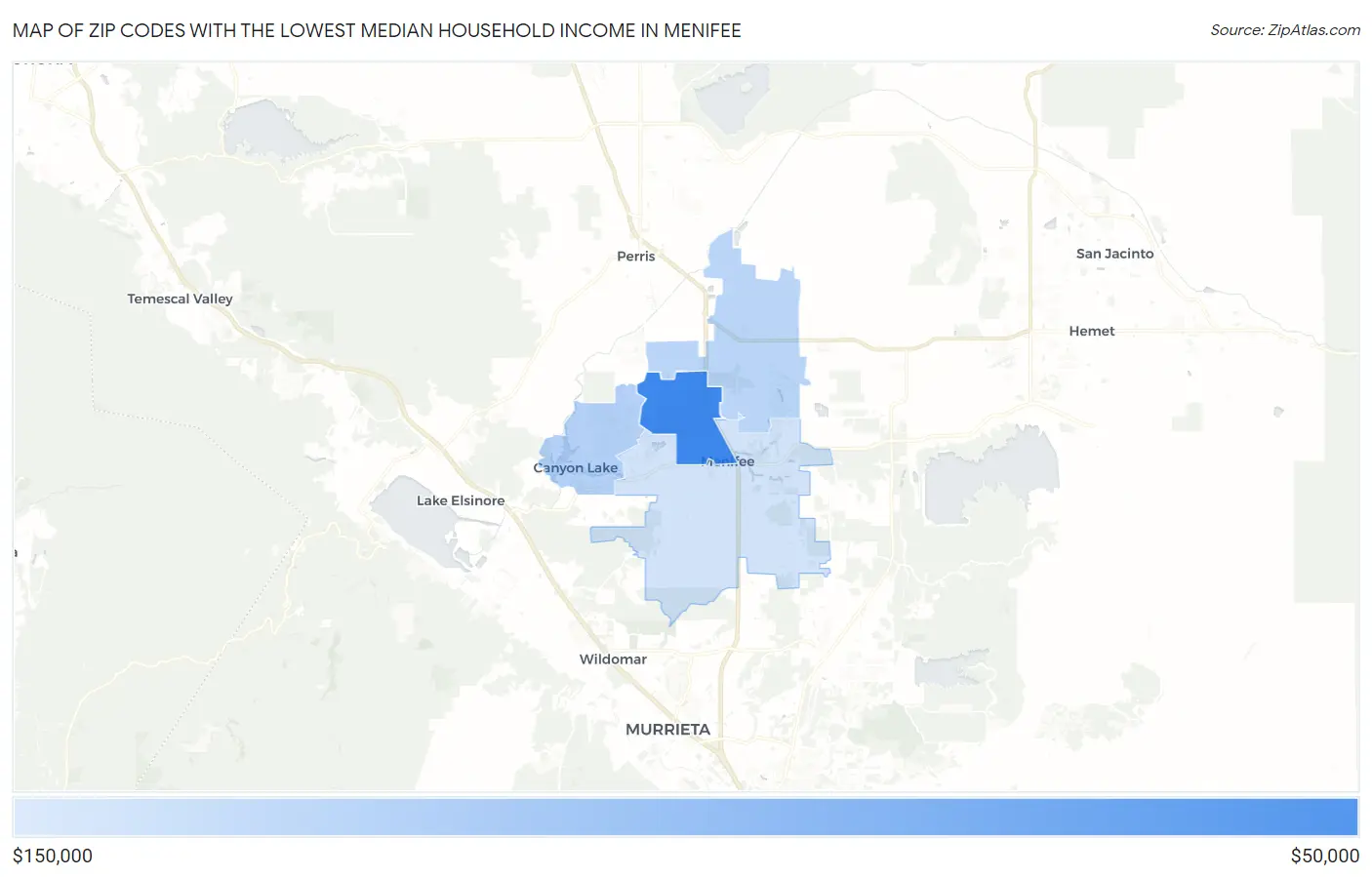 Zip Codes with the Lowest Median Household Income in Menifee Map